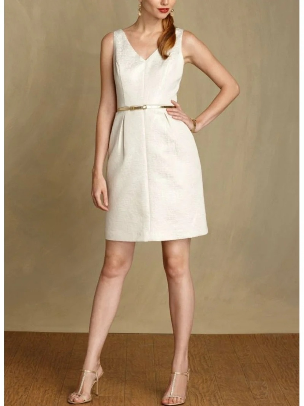 Tommy Hilfiger Ivory Gold V-Neck Sleeveless Belted Dress (10)